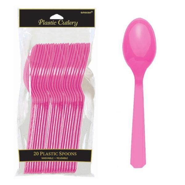 Plastic Cutlery Spoons - Bright Pink - Pack of 20