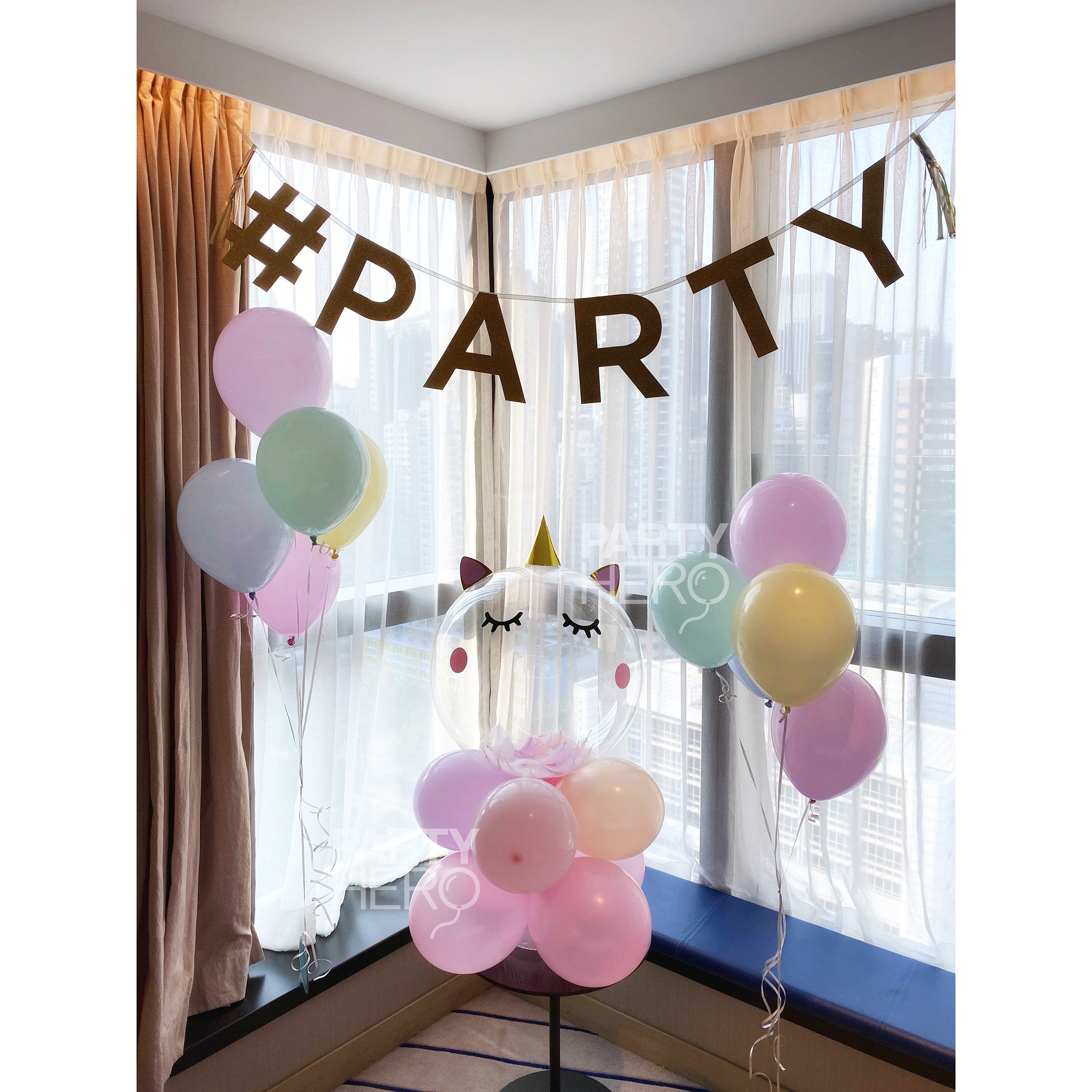 Birthday party concept, decorations for sweet party. Huge number one, table  with sweets and desserts, cloud from balloons and ice-creams, a lot of col  Stock Photo - Alamy