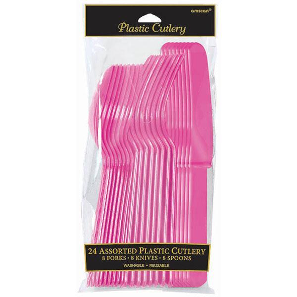 Assorted Plastic Cutlery Set - Bright Pink - Pack of 24